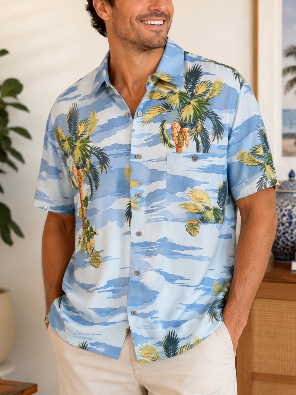 Natural Issue Hawaiian Palm Tree Camp Shirt Blue Rayon Tropical Vacation Summer